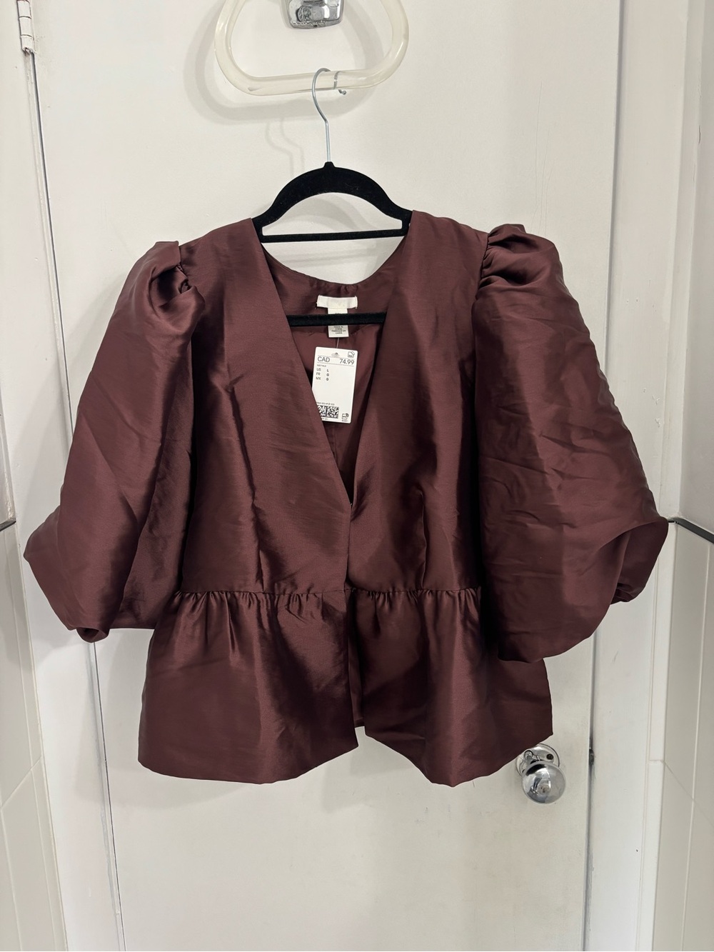 H&M Satin Puffed-Sleeve Peplum Top — Chocolate Brown